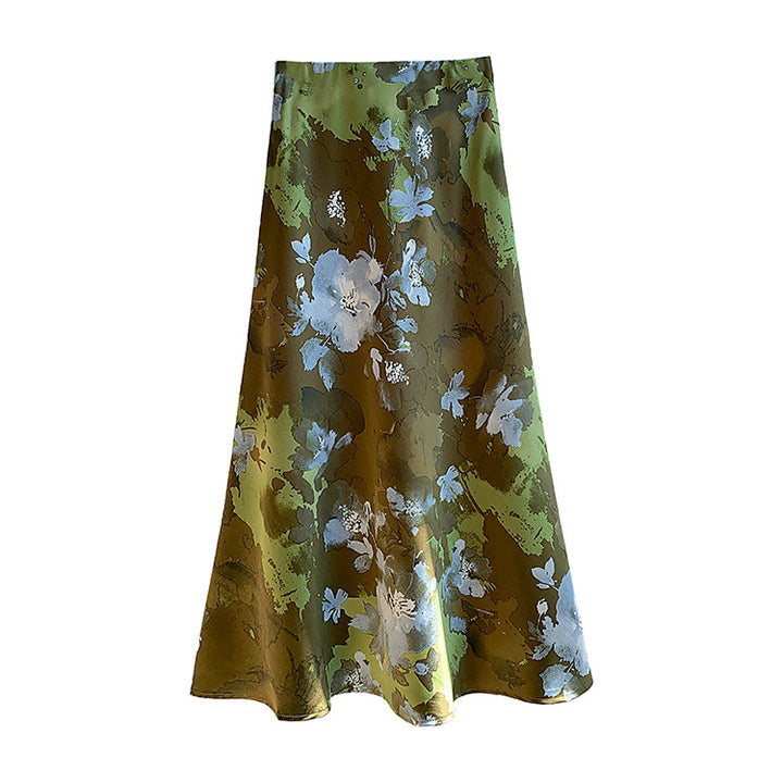 Women's flowing midi skirt with floral print and A-line silhouette in satin-like fabric Mune Fashion