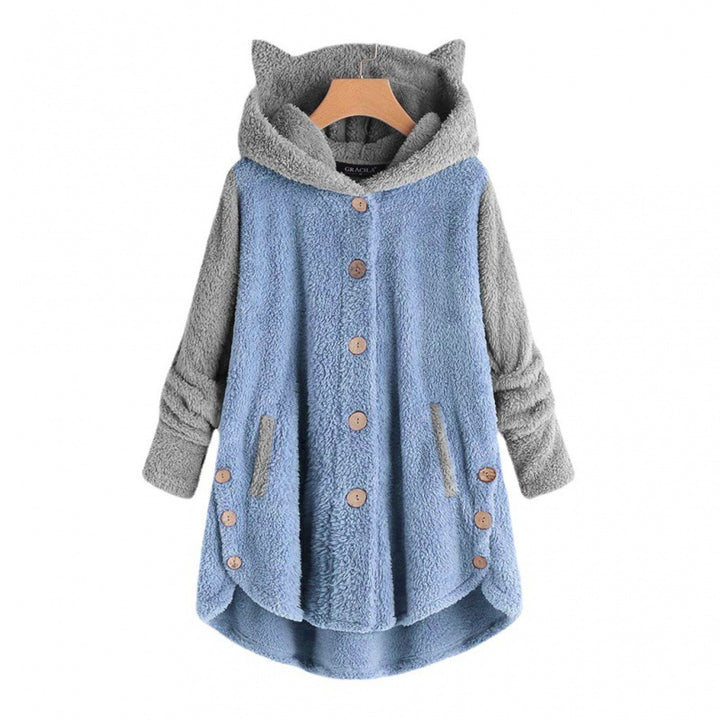 Women's Cozy Hooded Teddy Jacket with Cat Ears, Wooden Button Details and High-Low Hem Mune Fashion
