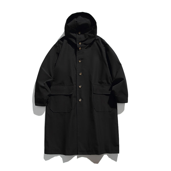 Unisex Longer Hooded Coat in Boxy Cut with Concealed Button Placket and Large Flap Pockets Mune Fashion