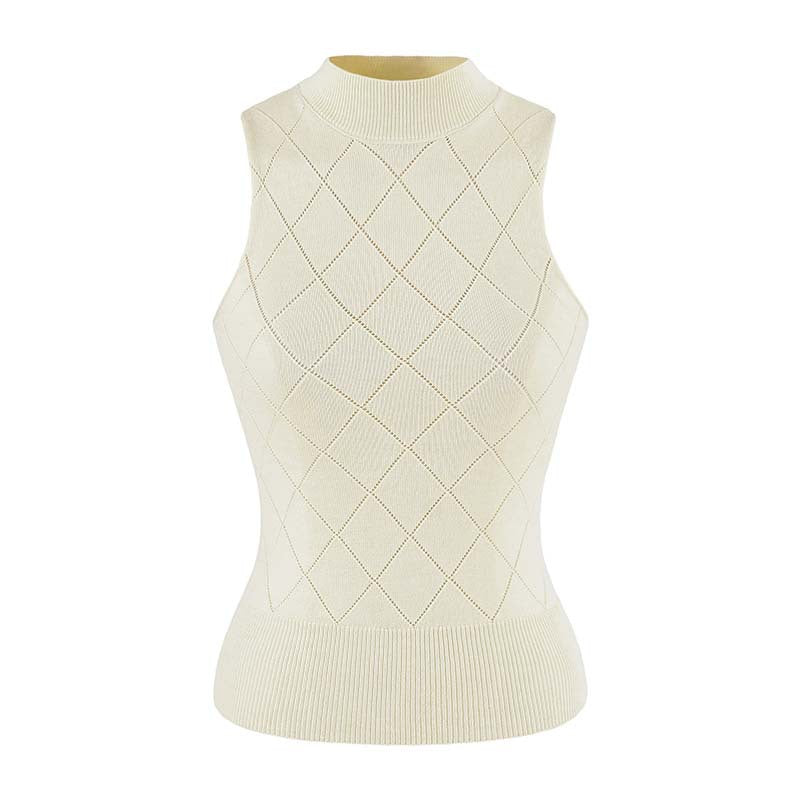 Women's Sleeveless Fine Knit Vest with Stand-Up Collar and Tailored Diamond Pattern Mune Fashion