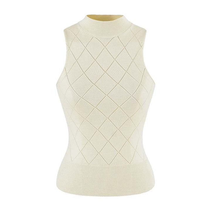 Women's Sleeveless Fine Knit Vest with Stand-Up Collar and Tailored Diamond Pattern Mune Fashion