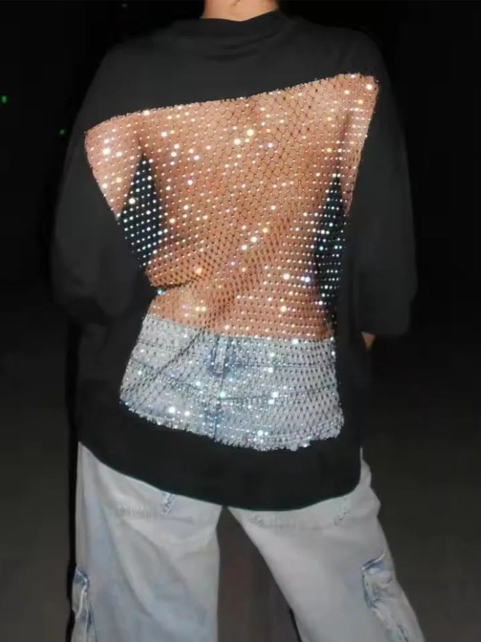Women's oversized T-shirt with transparent mesh back, rhinestone embellishment and jeans print Mune Fashion
