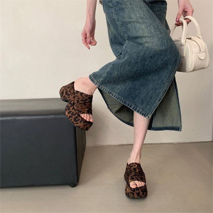 Women's Platform Slippers with Leopard Print and Knotted Bandage Mune Fashion
