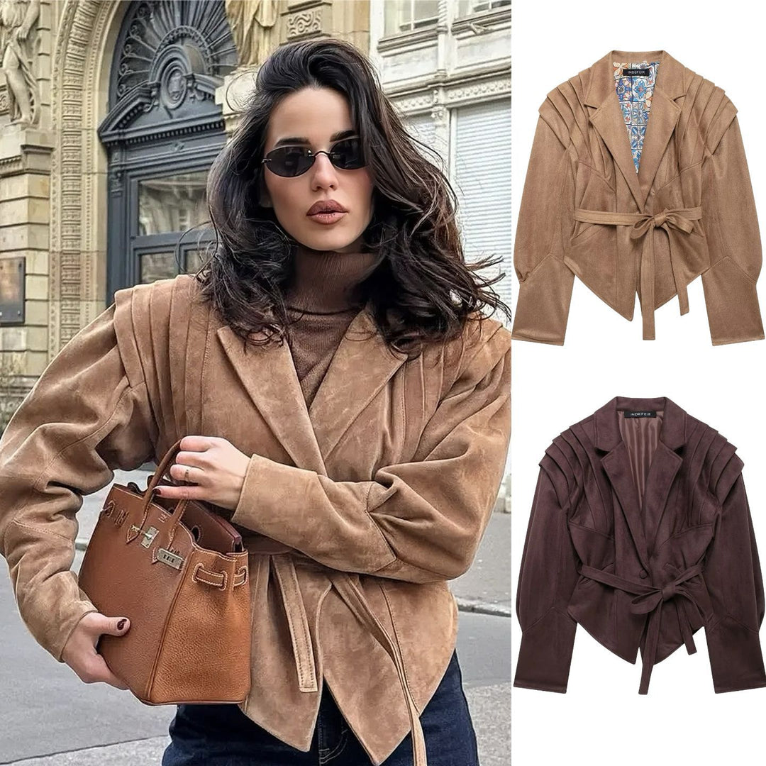 Women in tailored suede look blazer with wrap belt and gathered shoulders Mune Fashion