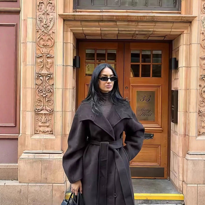 Women Tailored Wool Blend Coat with Tie Belt, Large Lapel and Warming Inner Flap Mune Fashion