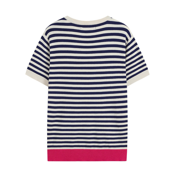 Women Short-Sleeved Striped Rib Knitted Shirt with Contrast Cuffs Mune Fashion
