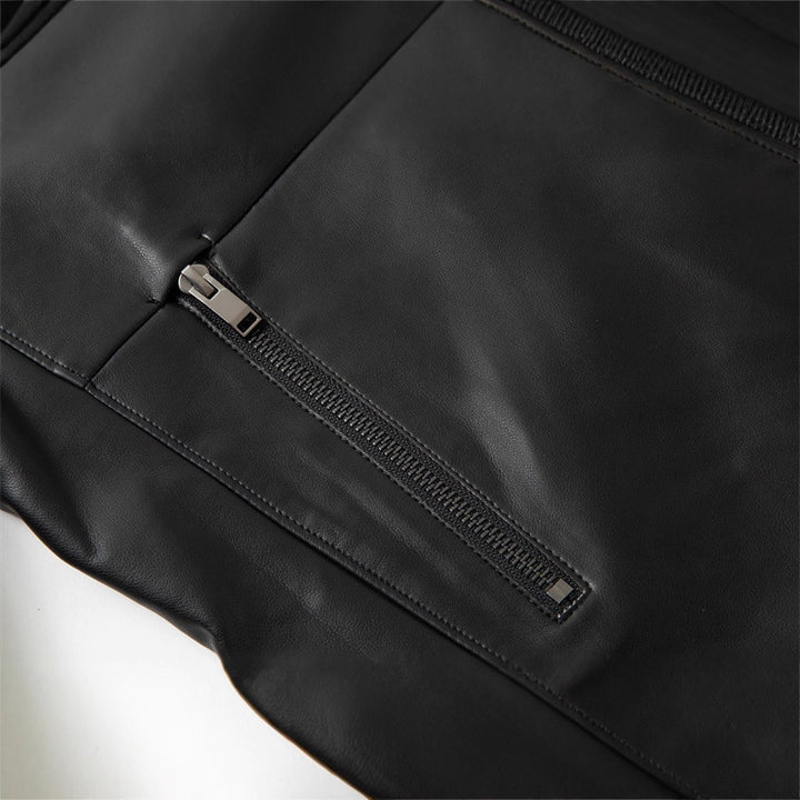 Men's Smooth Leather Look Blouson with Stand-Up Collar, Concealed Zipper and Zipper Pockets Mune Fashion
