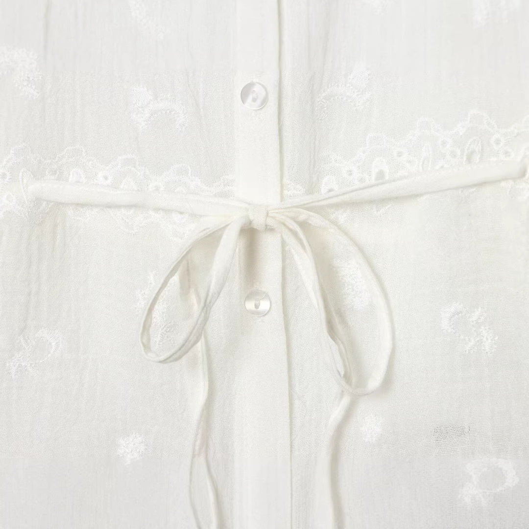 Women Romantic Lace Blouse with Button Placket, Waist Ties and Delicate Embroidery Mune Fashion
