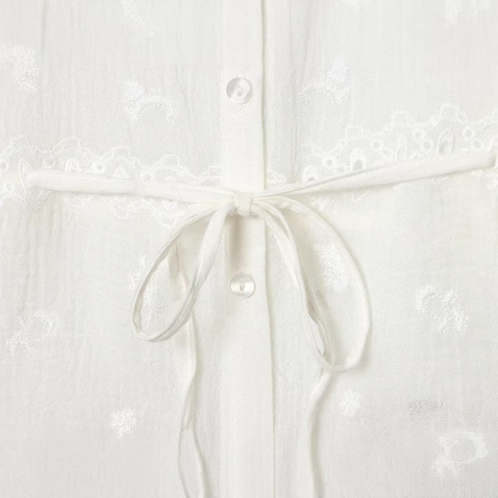 Women Romantic Lace Blouse with Button Placket, Waist Ties and Delicate Embroidery Mune Fashion