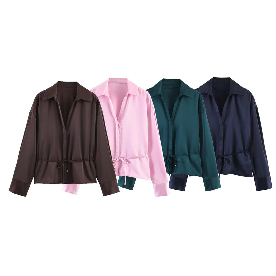 Women's satin blouse with drawstring waist, wide shirt collar, and wide cuffs Mune Fashion
