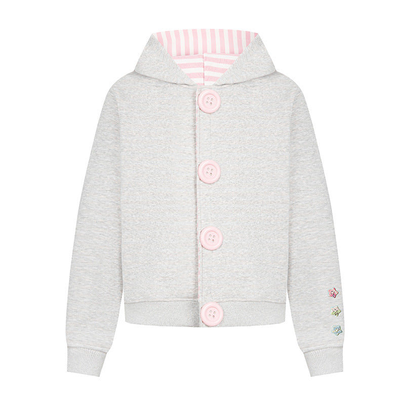 Women's hooded sweat jacket with oversized buttons, striped inner lining, and ribbed cuffs.
