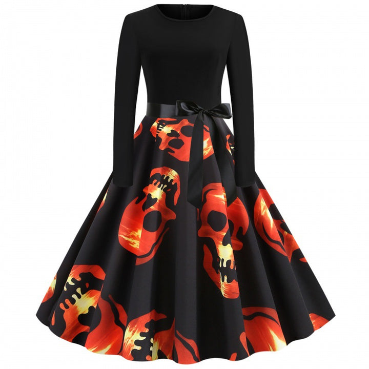 Women Vintage Swing Dress with Fitted Top, A-Line Skirt and Large Skull Print Mune Fashion