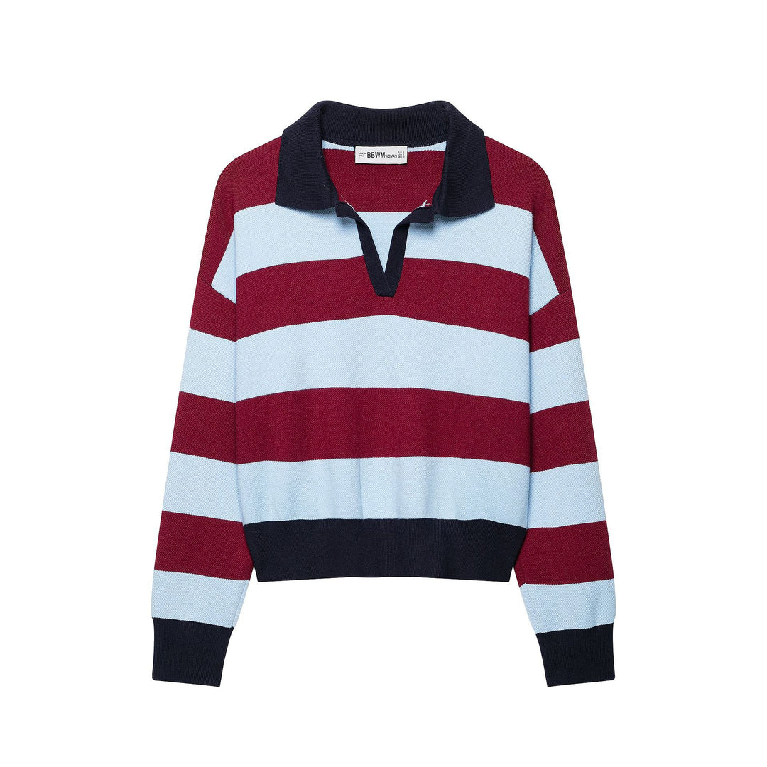 Women's Striped Cropped Rugby Sweater with Polo Collar Mune Fashion