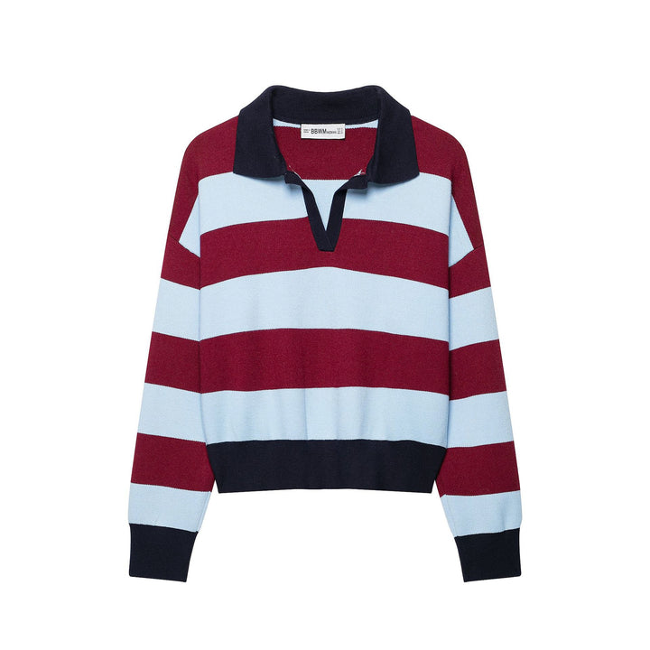 Women's Striped Cropped Rugby Sweater with Polo Collar Mune Fashion
