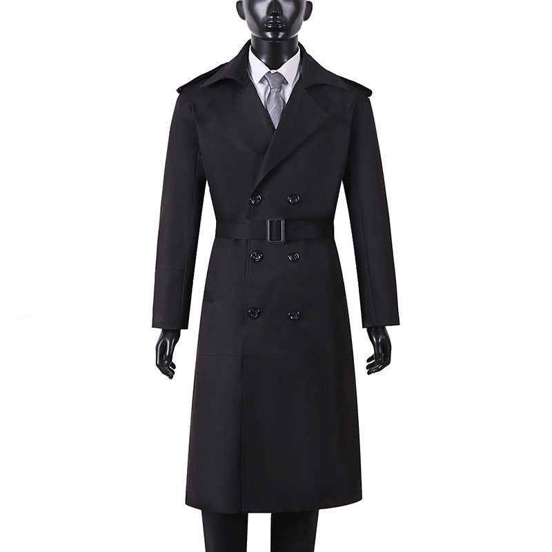 Men's Double-Breasted Trench Coat with Waist Belt and Shoulder Tabs Mune Fashion