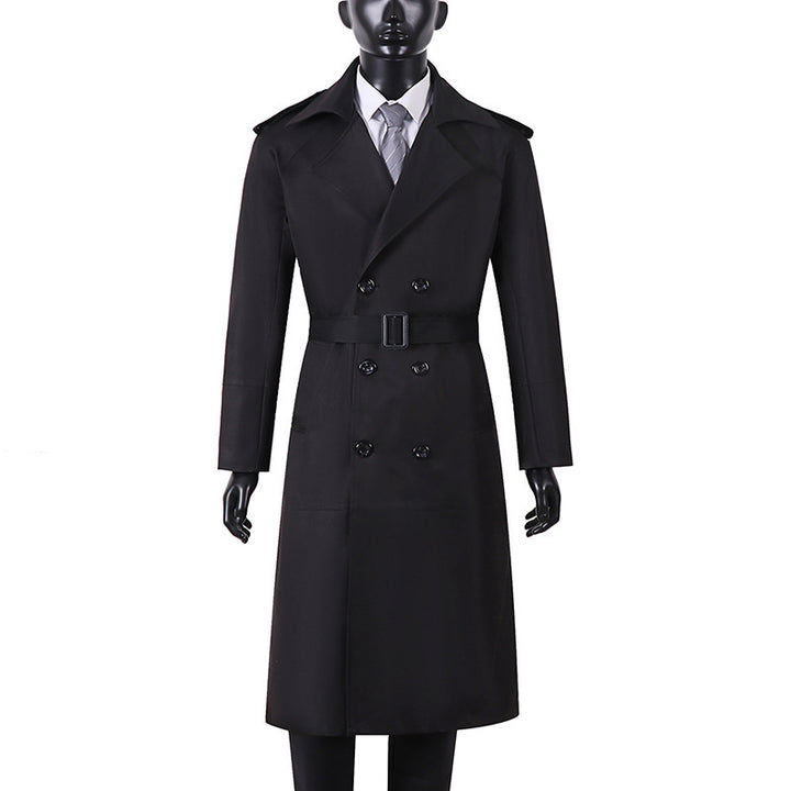 Men's Double-Breasted Trench Coat with Waist Belt and Shoulder Tabs Mune Fashion