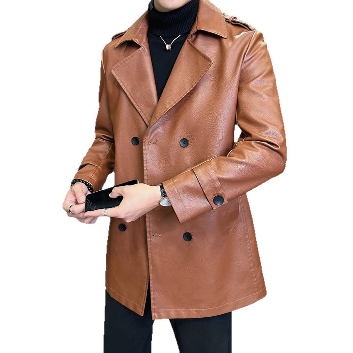 Men's Double-Breasted Faux Leather Trench Coat with Lapel Collar and Epaulettes Mune Fashion