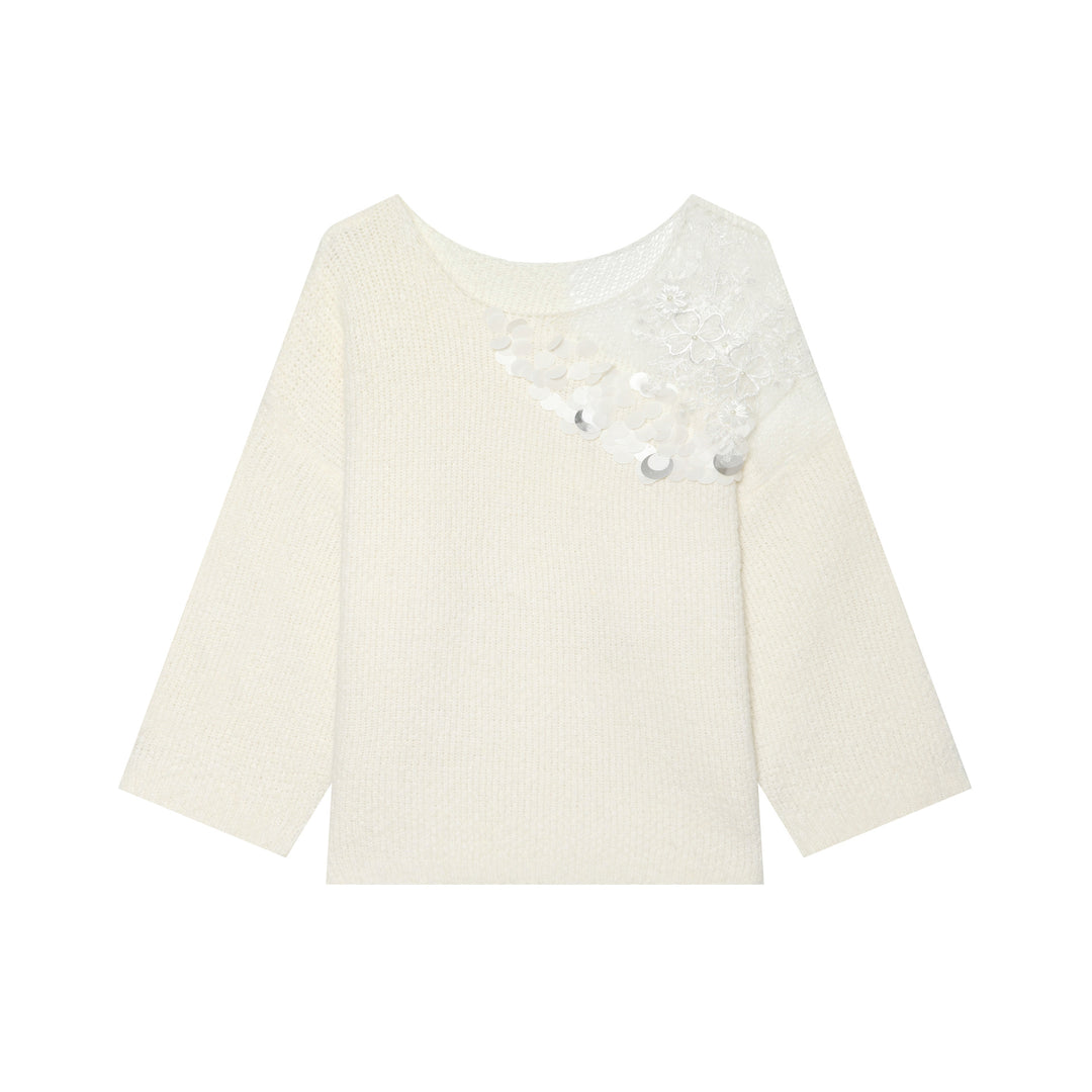 Women's Boxy Knit Sweater with Sequin Application and Lace Trim Mune Fashion