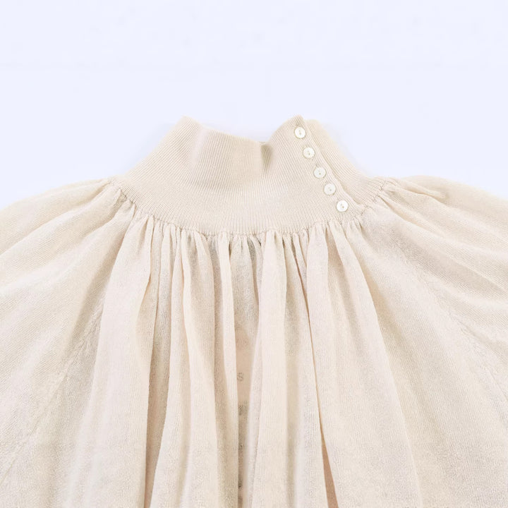 Women's Elegant Pleated Blouse with Stand Collar, Button Detail and Balloon Sleeves Mune Fashion