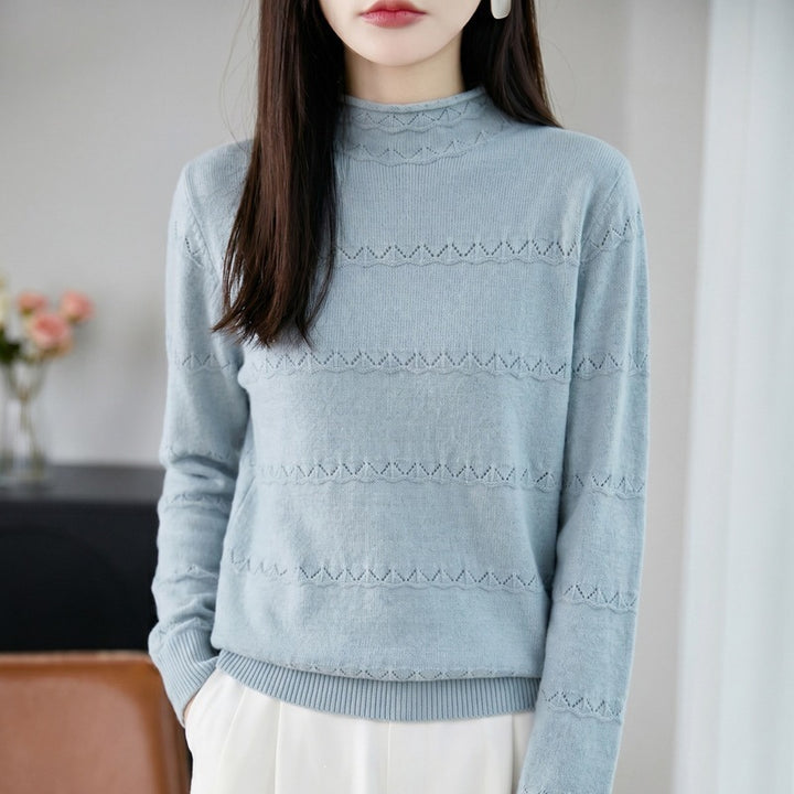 Women's lightweight lace-knit pullover with short stand-up collar and fine ribbed hem Mune Fashion