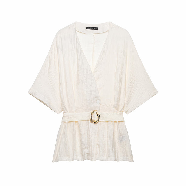 Women Two-Piece Linen Look Set with Kimono Top and Wide High Waisted Pants Mune Fashion