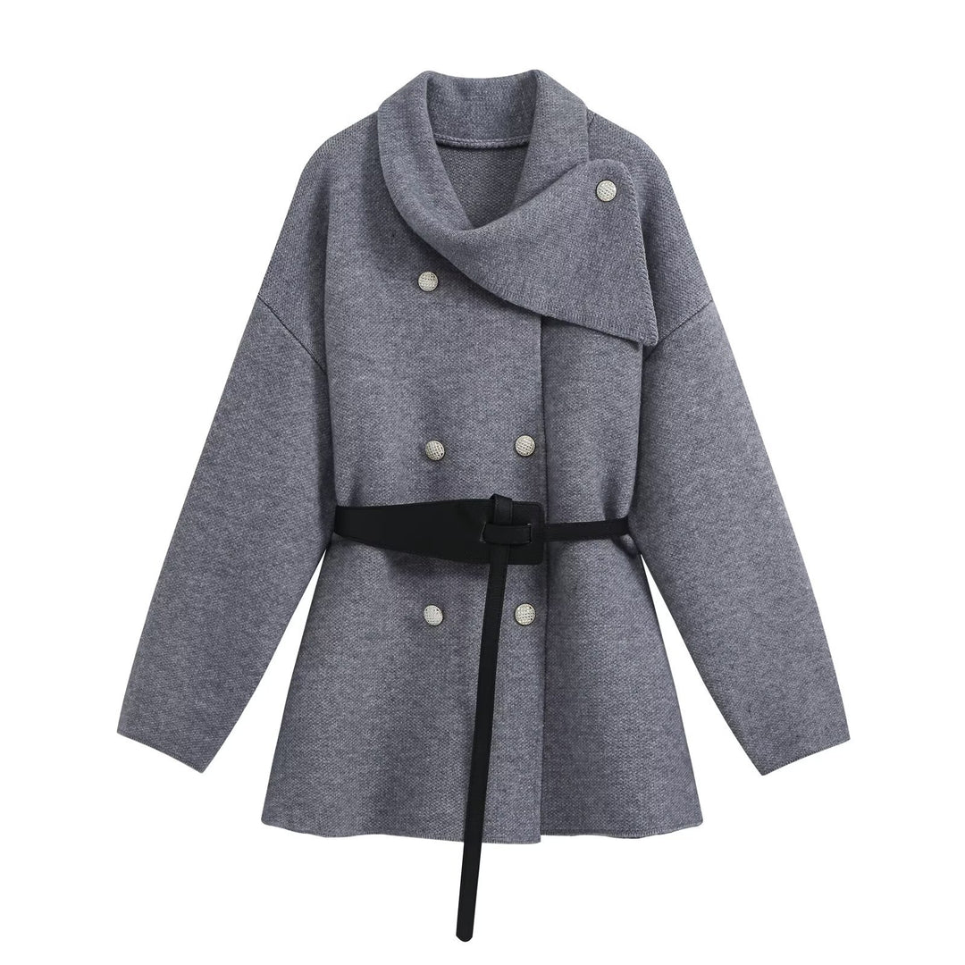 Women's short coat with asymmetrical shawl collar, double-breasted button placket and waist belt Drune