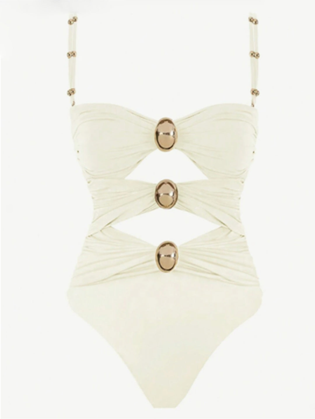 Women's one-piece swimsuit with intricate cut-outs and decorative metal accents Mune Fashion