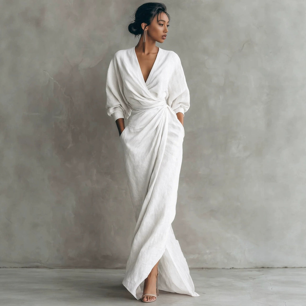 Women's wrap maxi dress made of linen blend with deep V-neck and balloon sleeves Mune Fashion