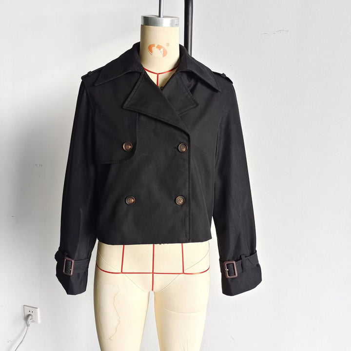 Women short cut double-breasted trench coat with shoulder straps and adjustable cuffs Mune Fashion