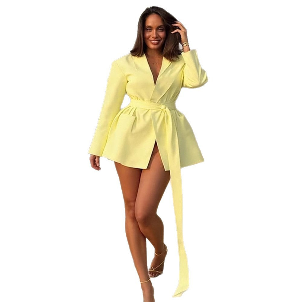 Women's Tailored Blazer Dress with Draped Tie Belt and Structured Shoulders Mune Fashion
