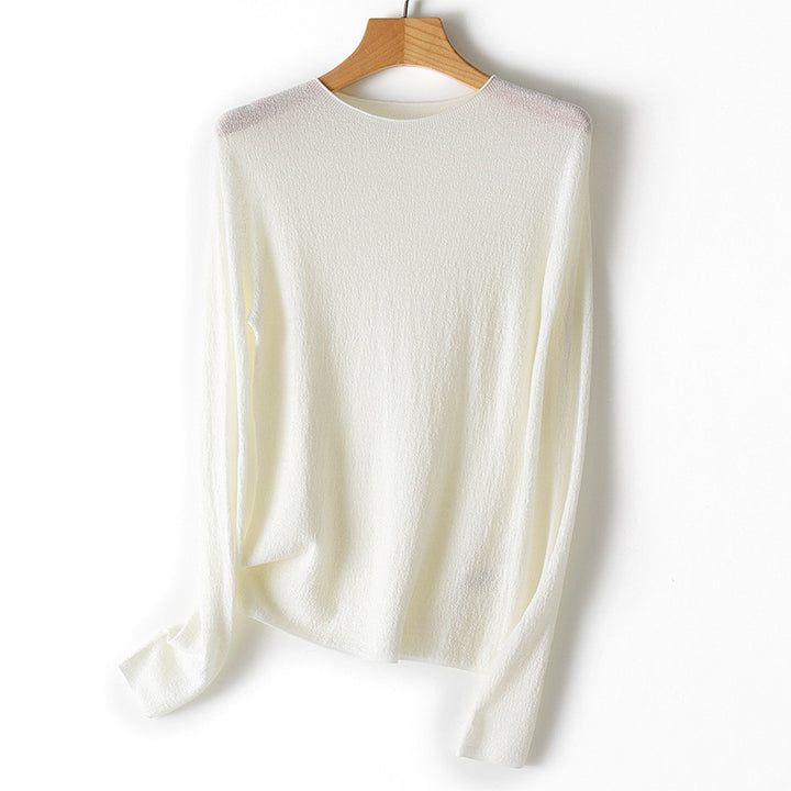 Women Lightweight Structured Long Sleeve Knit Sweater with Round Neck and Fine Crinkle Look Mune Fashion
