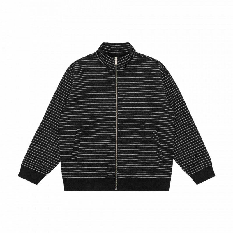 Unisex Striped Knit Zip Jacket with Stand-up Collar and Patch Pockets Mune Fashion