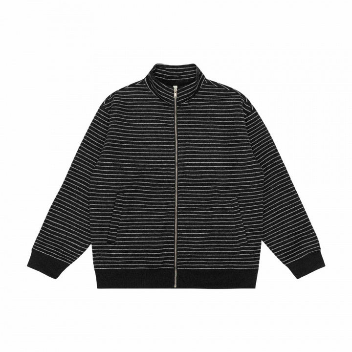 Unisex Striped Knit Zip Jacket with Stand-up Collar and Patch Pockets Mune Fashion