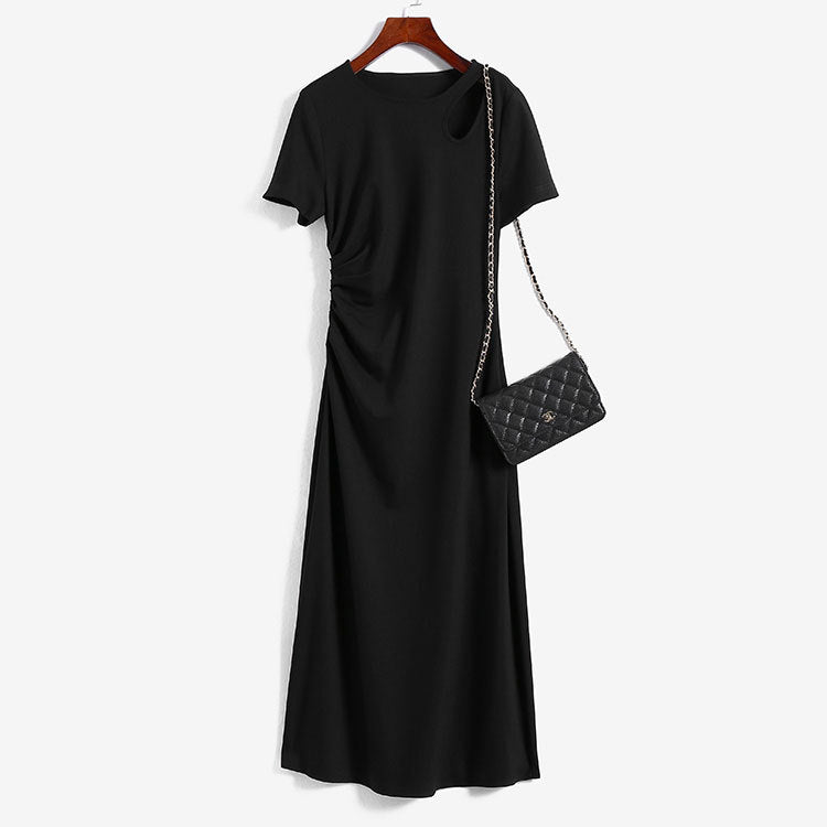 Women's maxi dress with asymmetric cut-out, side gathering, and flowing A-line.
