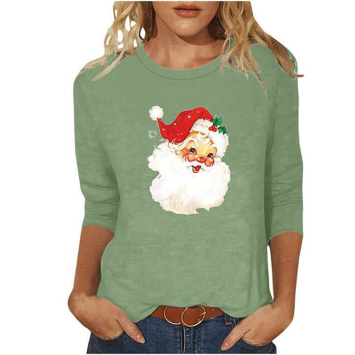 Ladies casual sweatshirt with nostalgic Santa Claus print and three-quarter sleeves Mune Fashion