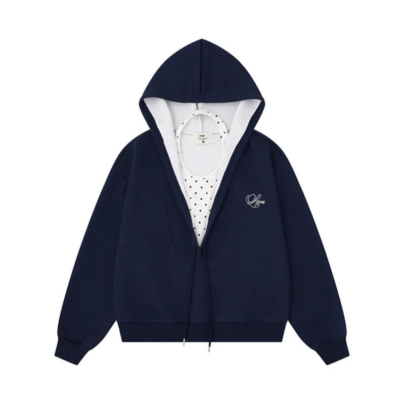 Women's Layered Hooded Jacket with Integrated Polka Dot Inner Layer and Drawstring Hood
