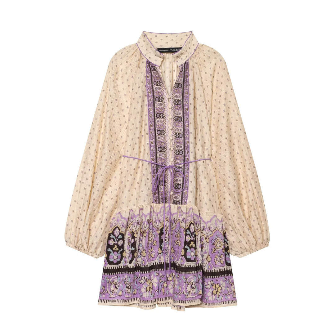 Women’s Boho midi dress with embroidered button placket, balloon sleeves and waist belt Mune Fashion
