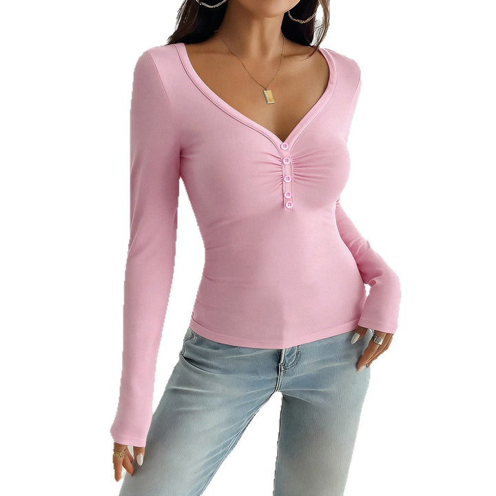 Women's tailored long-sleeve shirt with gathered button placket and deep V-neck Mune Fashion