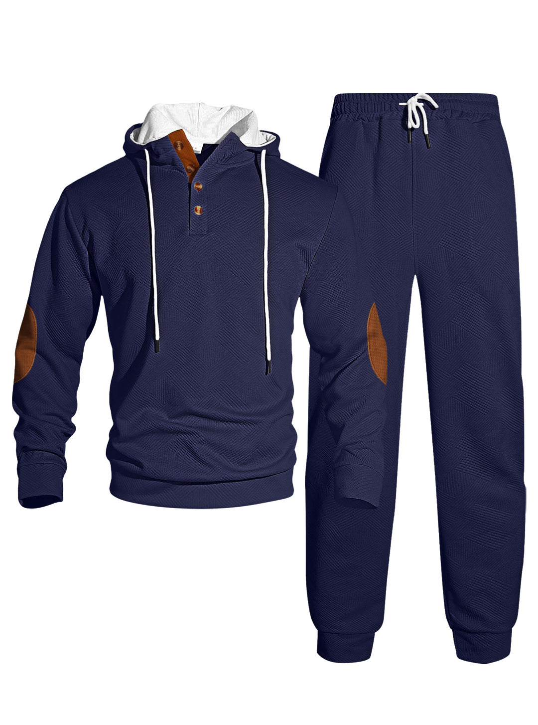 Men's waffle structure Henley hoodie set with wooden button placket elbow patches and tapered joggers Mune Fashion