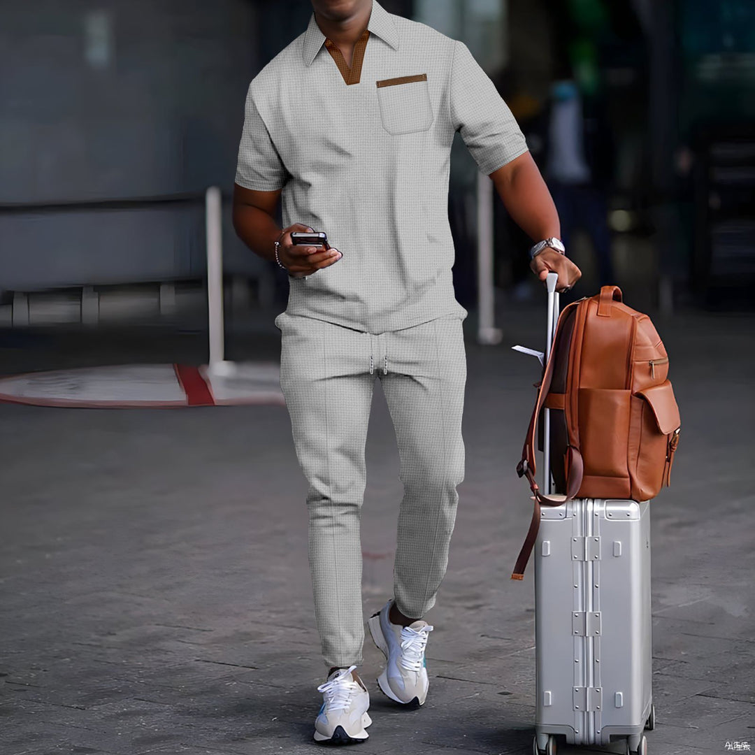 Men's casual leisure set made of elastic jersey with V-neck, chest pocket, and drawstring waistband Mune Fashion