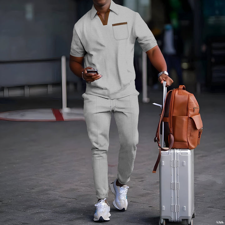 Men's casual leisure set made of elastic jersey with V-neck, chest pocket, and drawstring waistband Mune Fashion
