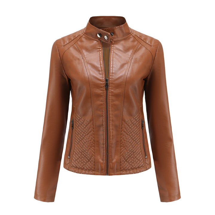 Women's fitted biker faux leather jacket with stand collar and quilted side panel Mune Fashion