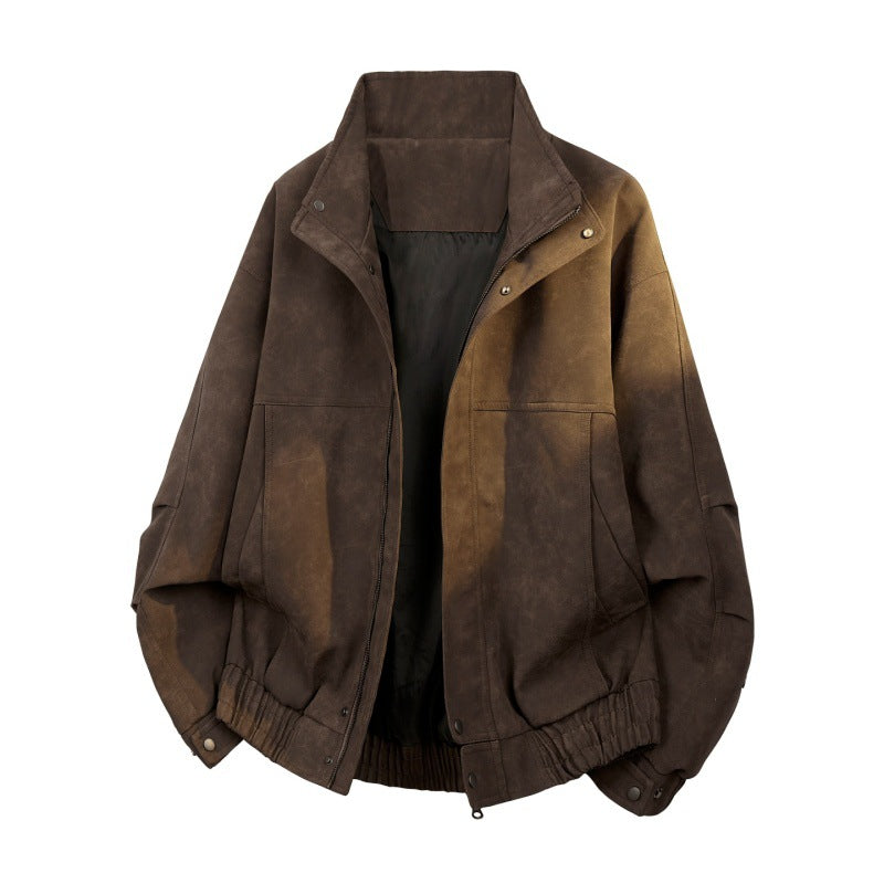 Men's Oversize Bomber Jacket in Vintage Velour Look with Stand-Up Collar, Elastic Hem & Snap Button Details Mune Fashion
