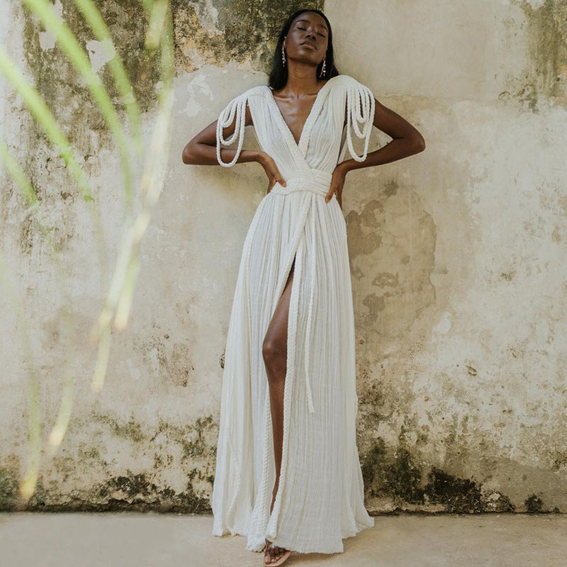 Women's maxi dress with deep V-neck and side slit Mune Fashion