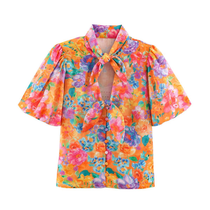 Women's Floral Bow Blouse with Keyhole Neckline, Puff Sleeves, and Full Button Placket Mune Fashion