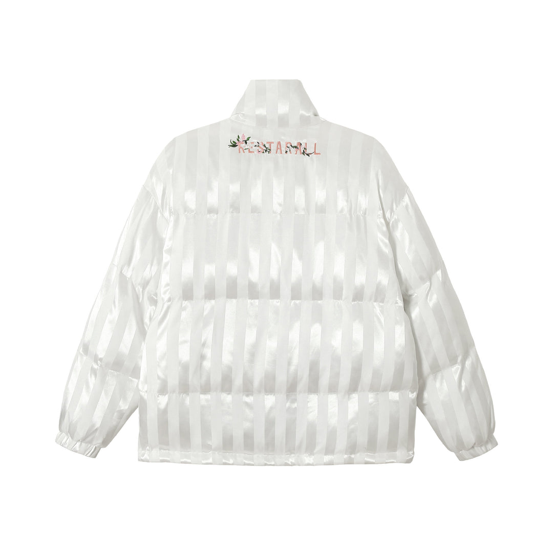 Women's Boxy Quilted Satin Puffer Jacket with Floral Embroidery Detail Mune Fashion