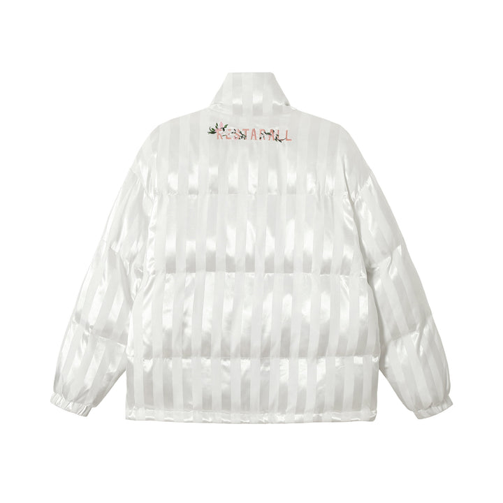 Women's Boxy Quilted Satin Puffer Jacket with Floral Embroidery Detail Mune Fashion