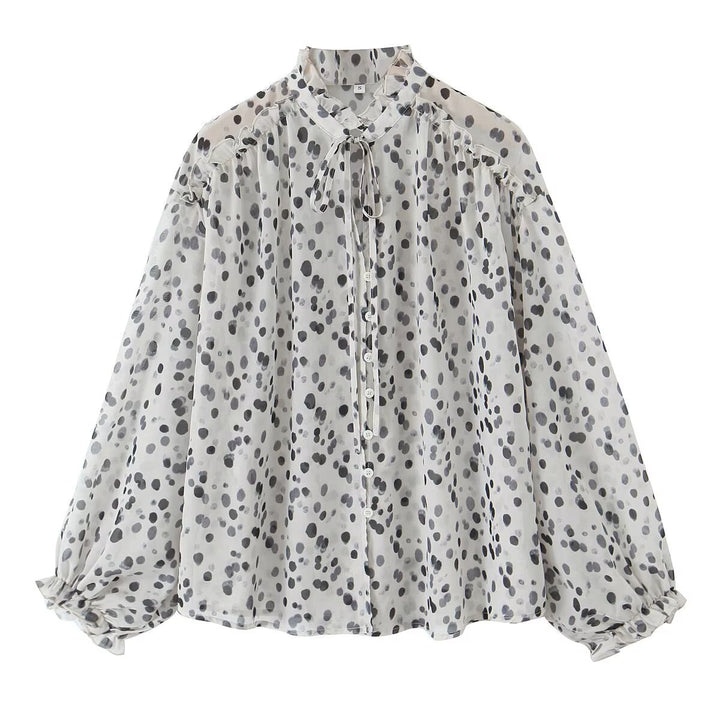 Women Transparent Chiffon Blouse with Polka Dot Print, Stand Collar and Voluminous Ruffle Sleeves Mune Fashion