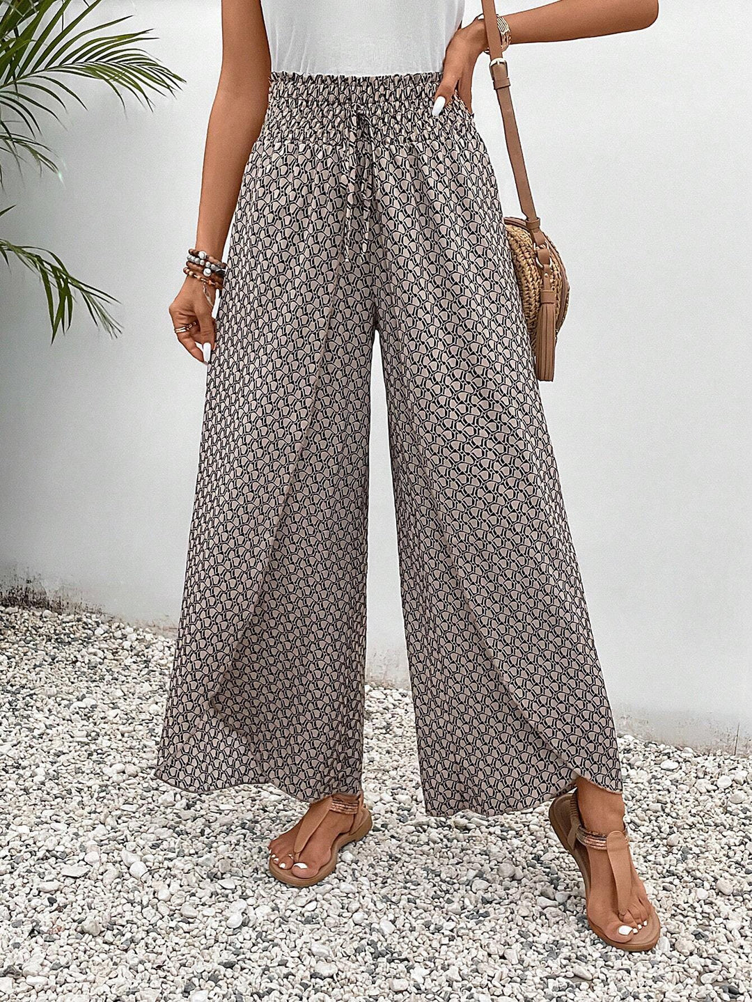 Women's Palazzo Pants with Wide Leg and Gathered Elastic Waistband Mune Fashion