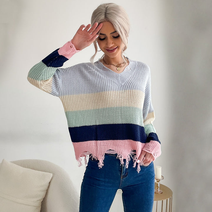 Women's Oversize V-Neck Knitted Sweater with Striped Design and Frayed Hem Mune Fashion